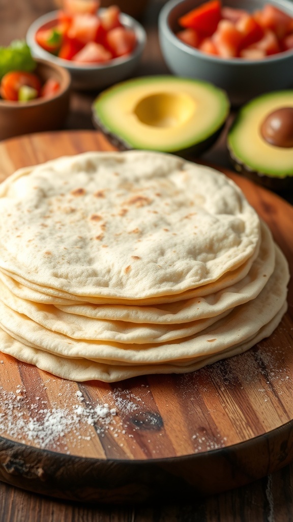 Freshly made tortillas stacked on a wooden board with colorful taco ingredients in the background.